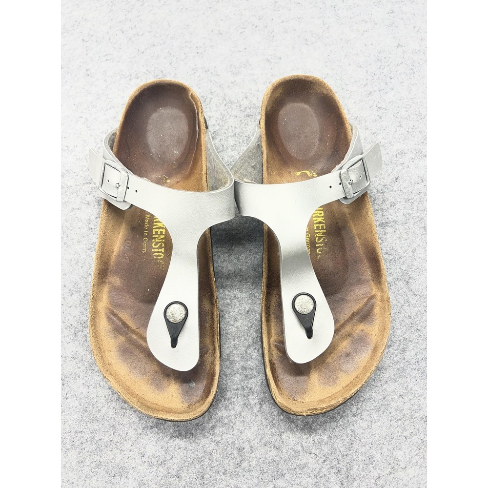 Birkenstock Gizeh Sandals Womens Size 8 EU 39 Silver Thong Cork Footbed Buckle